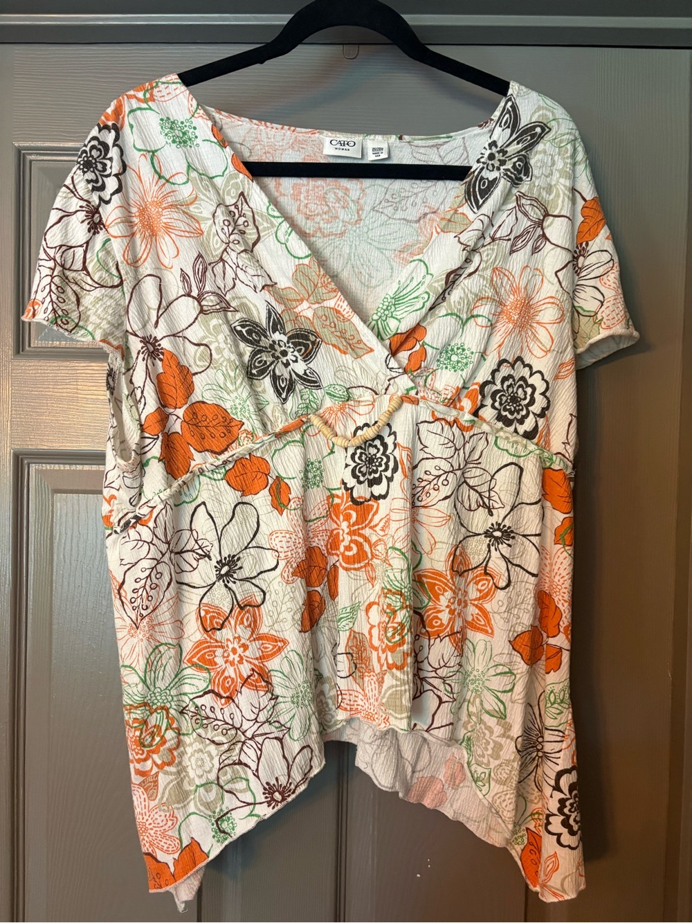Cato Cream Floral V-Neck Tunic with Orange and Green Accents